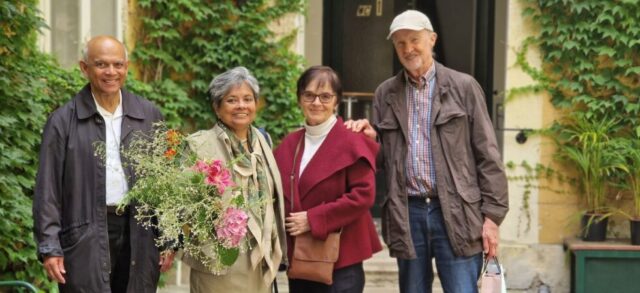 couples spending time together in the courtyard at church